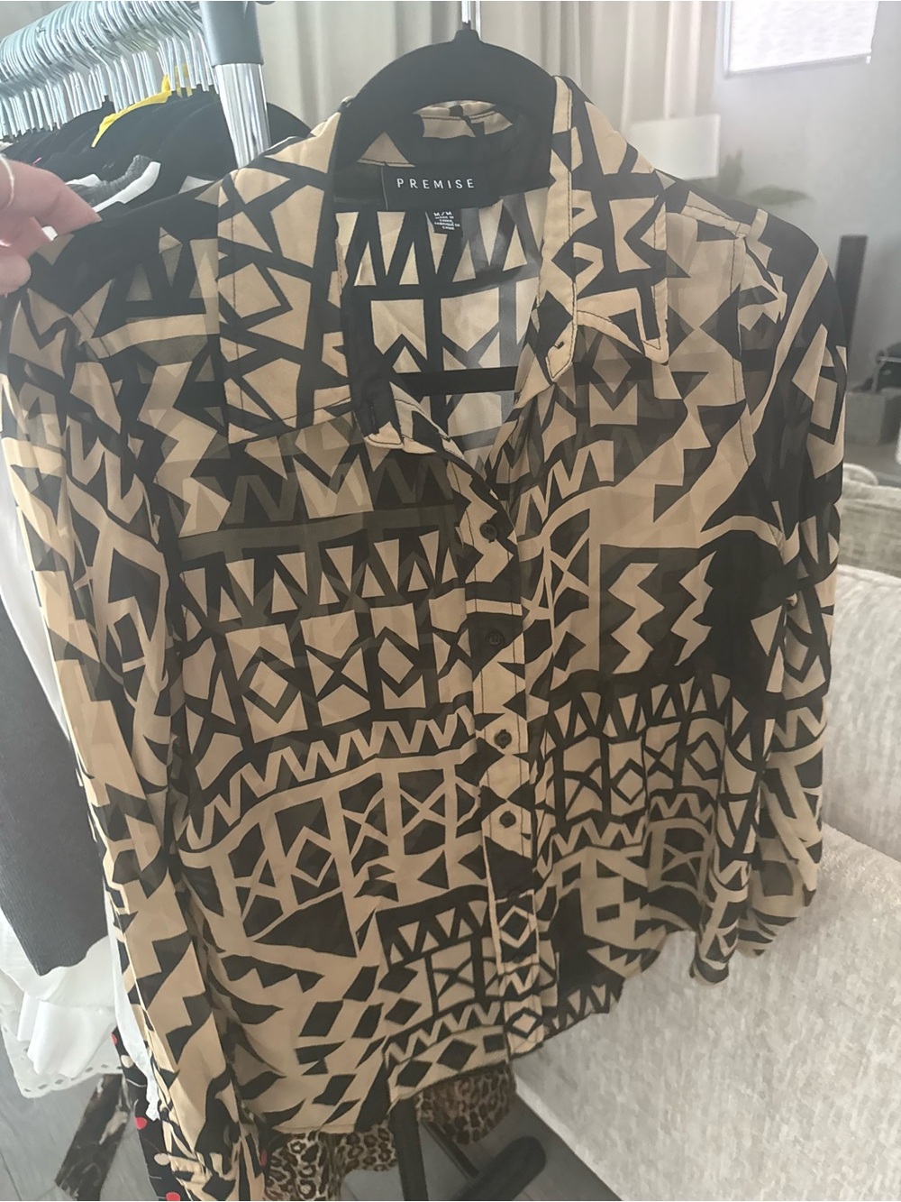 Premise Black and Beige Geometric Print Button-Down Shirt